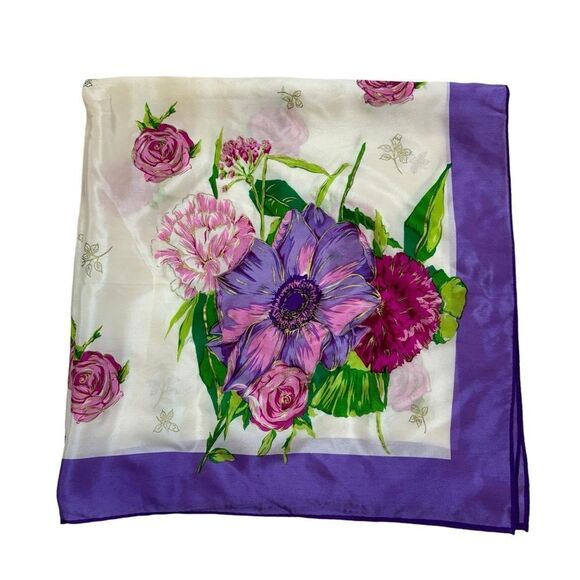 Vintage Oscar de la Renta Studio Purple and White Floral Silk Scarf Square - Picture 2 of 10